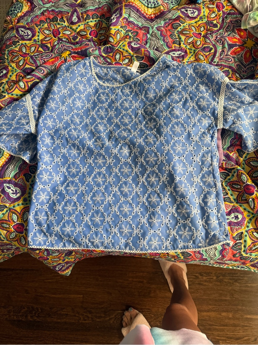 Tribal Light Blue Eyelet Embroidered Short Sleeve Blouse